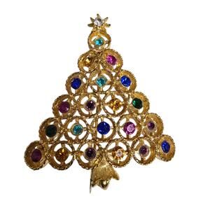 Vintage Gold Tone Christmas Tree Brooch Pin Multicolor Rhinestone Holiday Retro